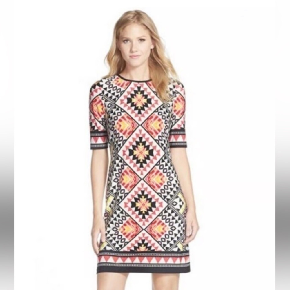Eliza J Tribal Print Back Exposed Gold Zipper Short Sleeve Sheath Dress size 8